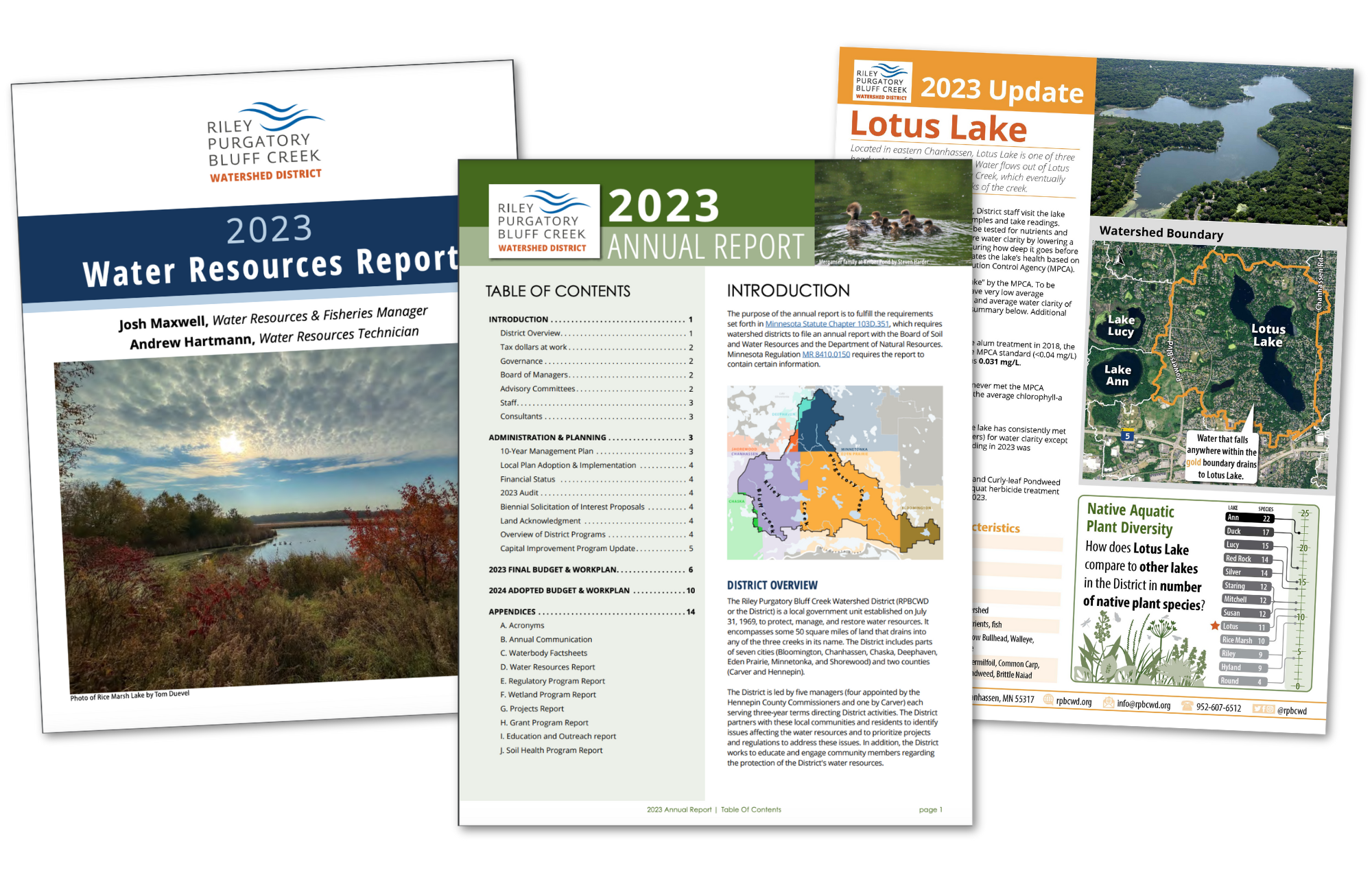 Collage of environmental report pages including text, graphics, and maps about water resources and Lotus Lake.