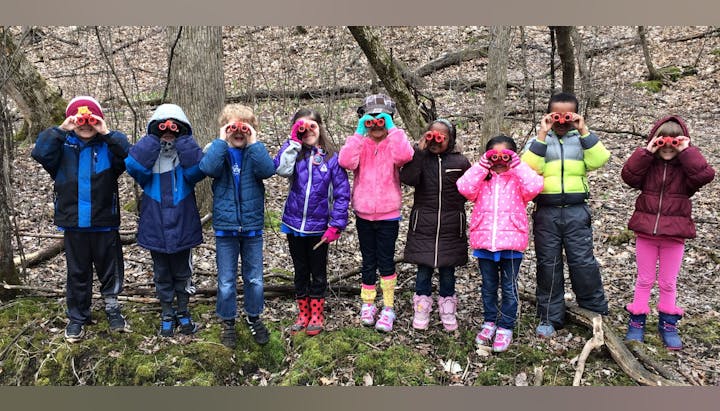 A group of children using binoculars in the woods.