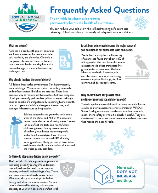 An infographic with FAQs about the environmental impact of deicers and winter salt usage, promoting reduced salt for safety and water health.