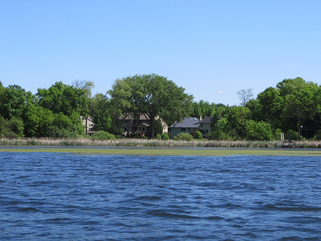 A lake in the foreground with houses among trees in the background under a clear blue sky.
