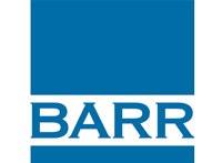 A logo with blue block above and the word "BARR" below in blue.