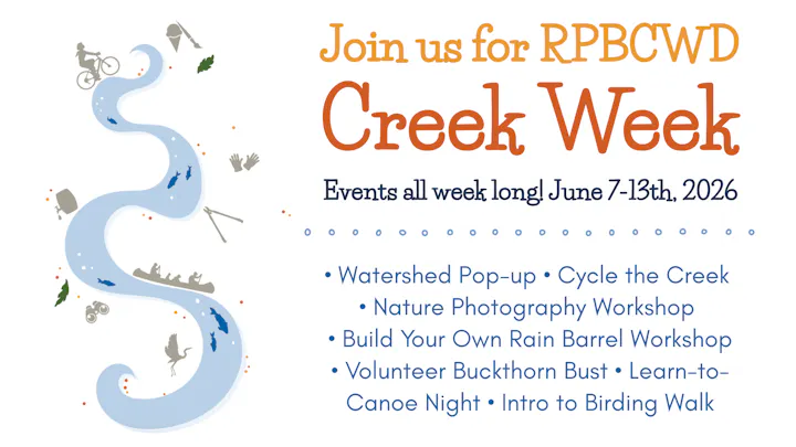 The image promotes RPBCWD Creek Week, featuring events like cycling, photography, and workshops from June 7-13, 2026.