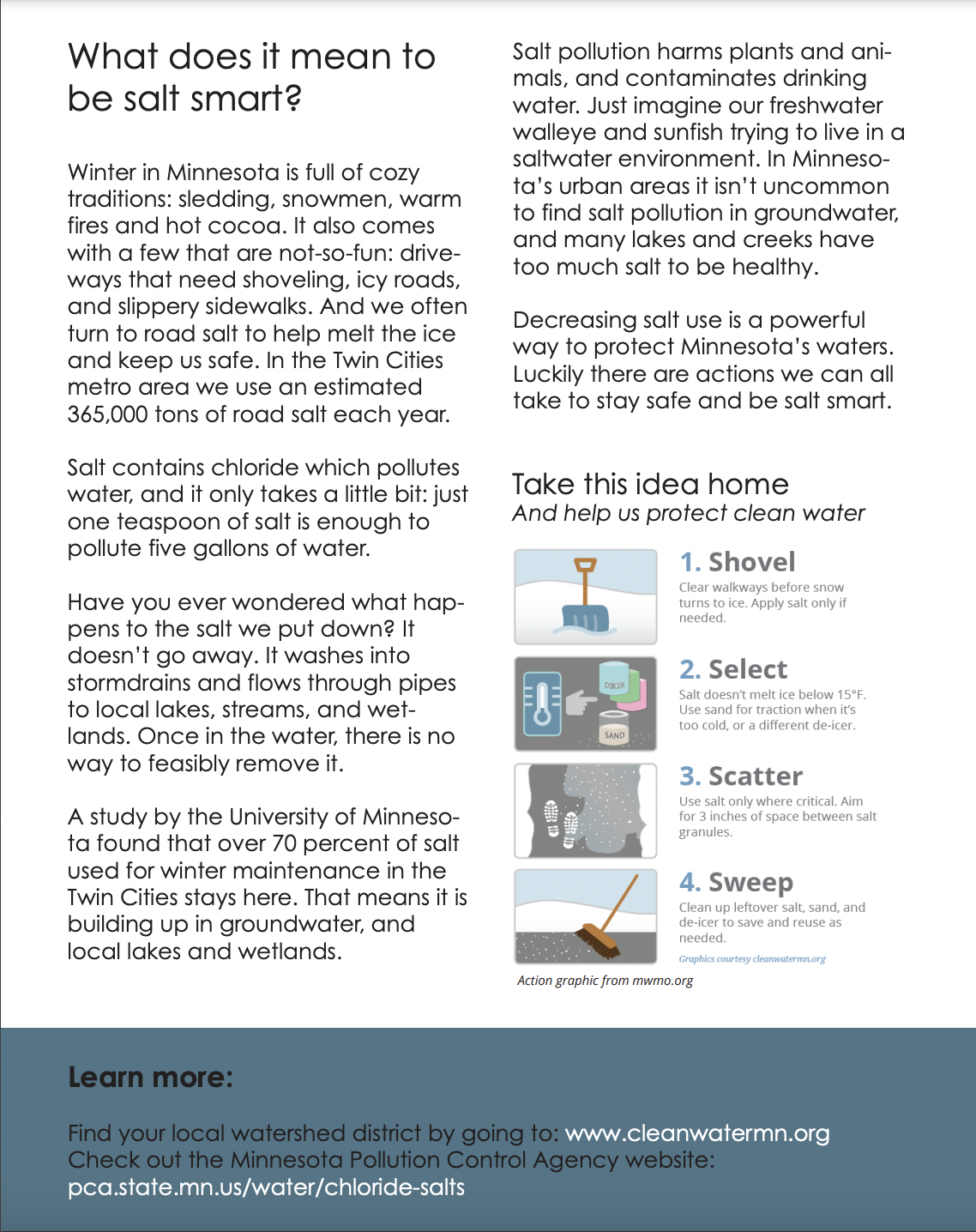 The image is an informational poster about being smart with salt usage to prevent water pollution, offering tips on how to protect clean water.