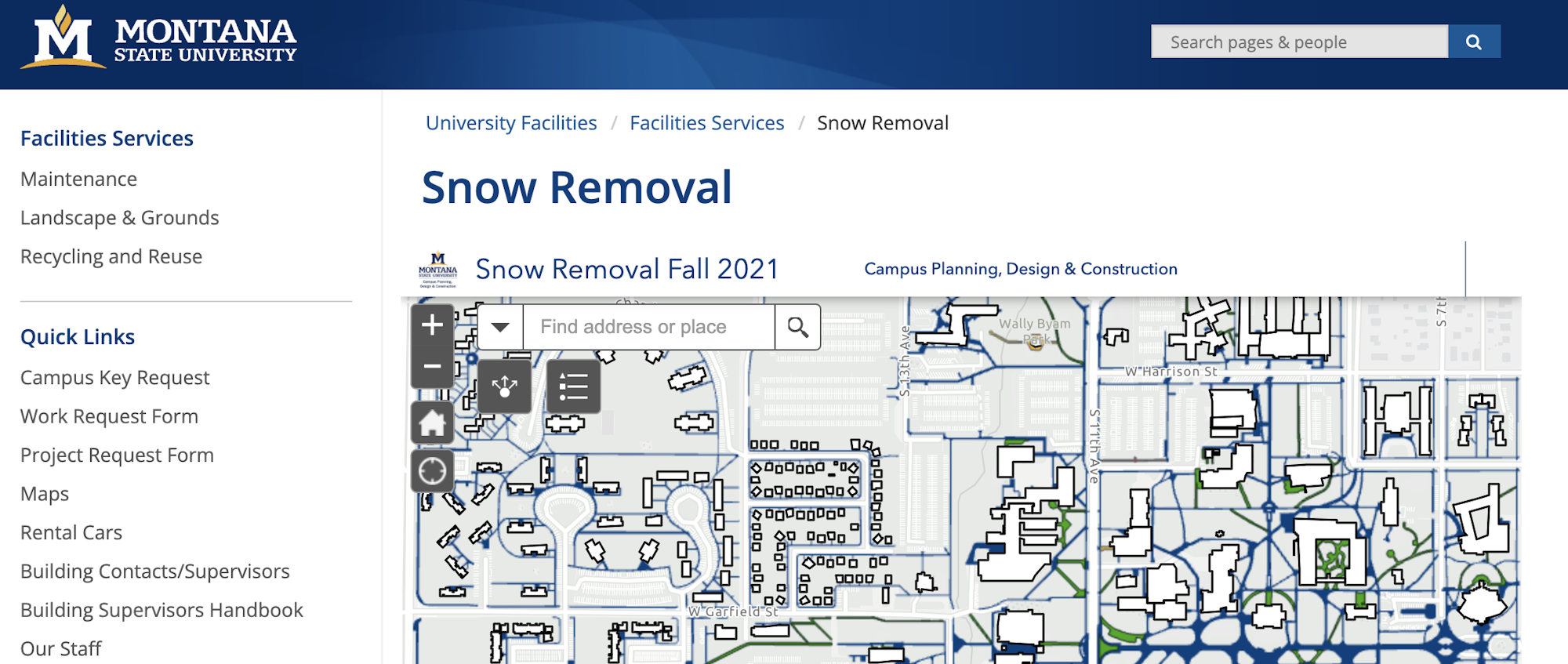 A screenshot of Montana State University's webpage about snow removal showing a campus map for Fall 2021.