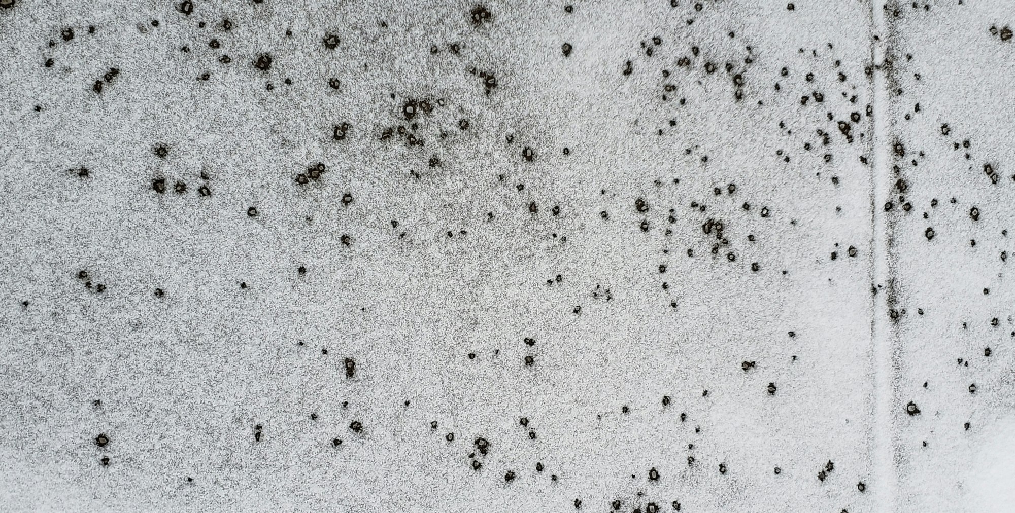 Surface with light snow and scattered debris.