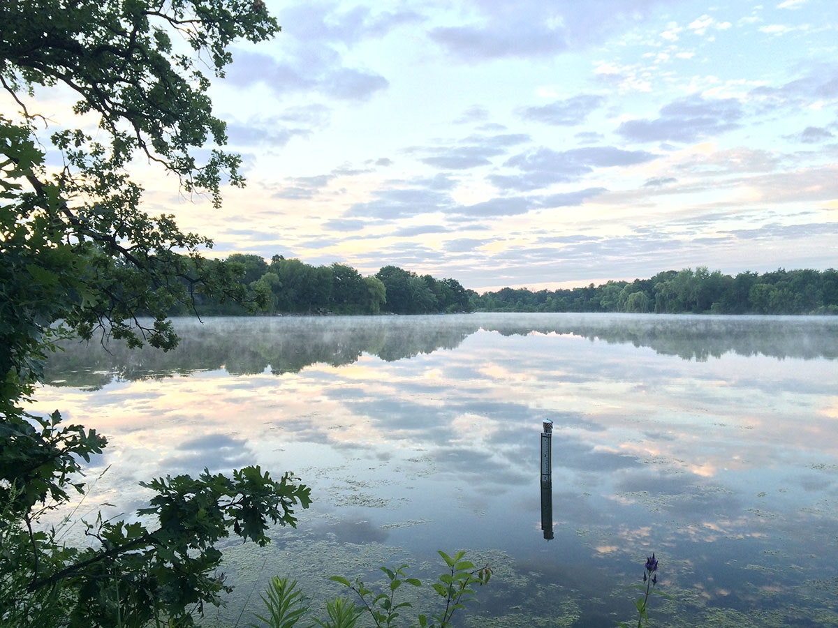 Tranquil lake with mist, reflections of clouds, surrounded by trees at dawn.