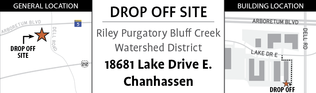 Map with drop-off directions for 18681 Lake Drive E., Chanhassen at the Riley Purgatory Bluff Creek Watershed District.