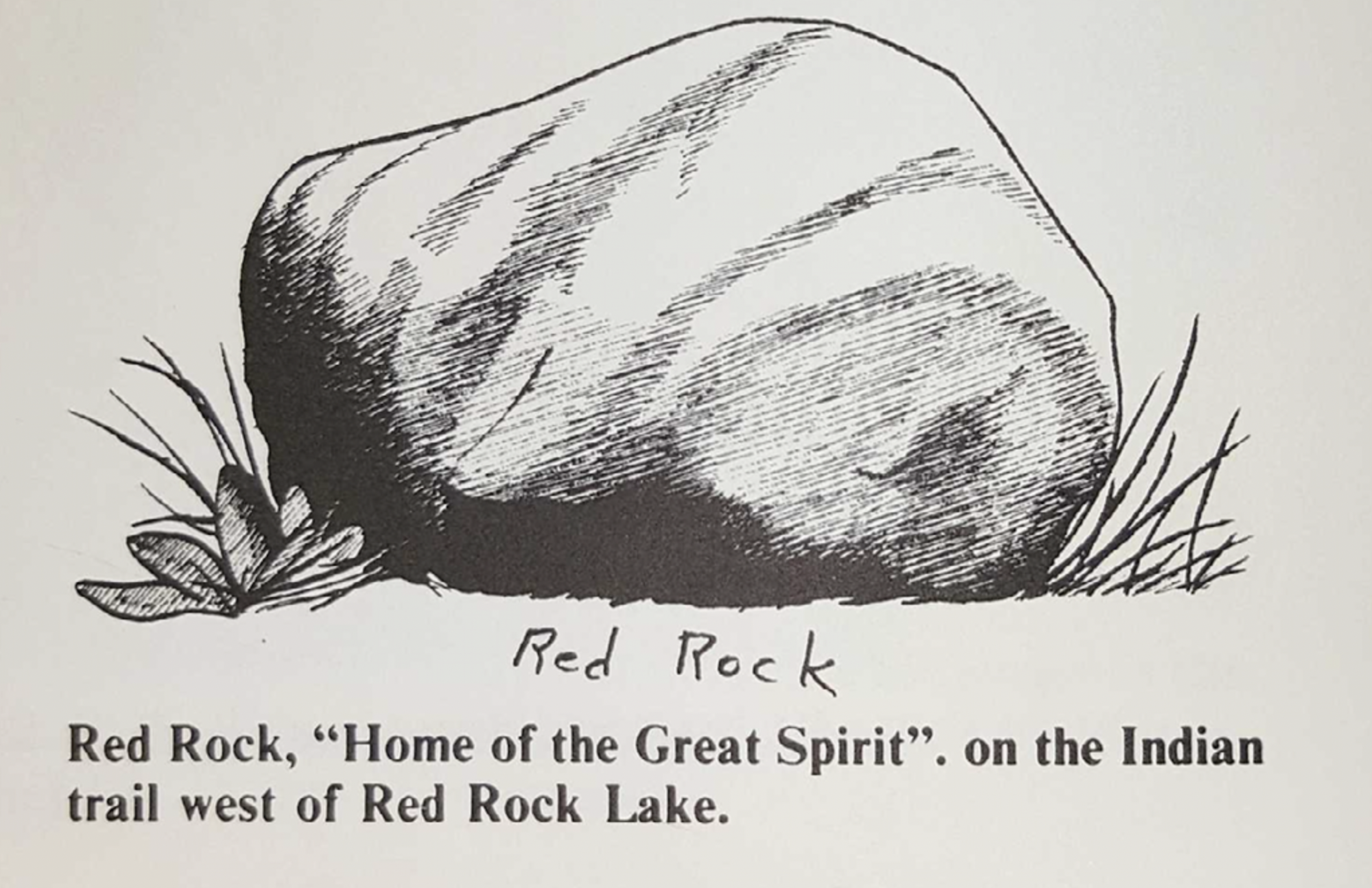 Illustration of a large rock with grass, labeled "Red Rock, 'Home of the Great Spirit', on the Indian trail west of Red Rock Lake."