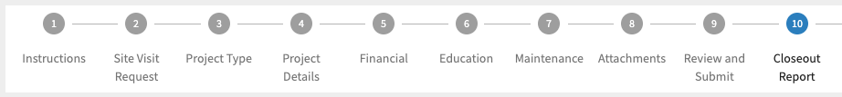 A 10-step progress bar with stages from "Instructions" to "Closeout Report," highlighting the final stage.