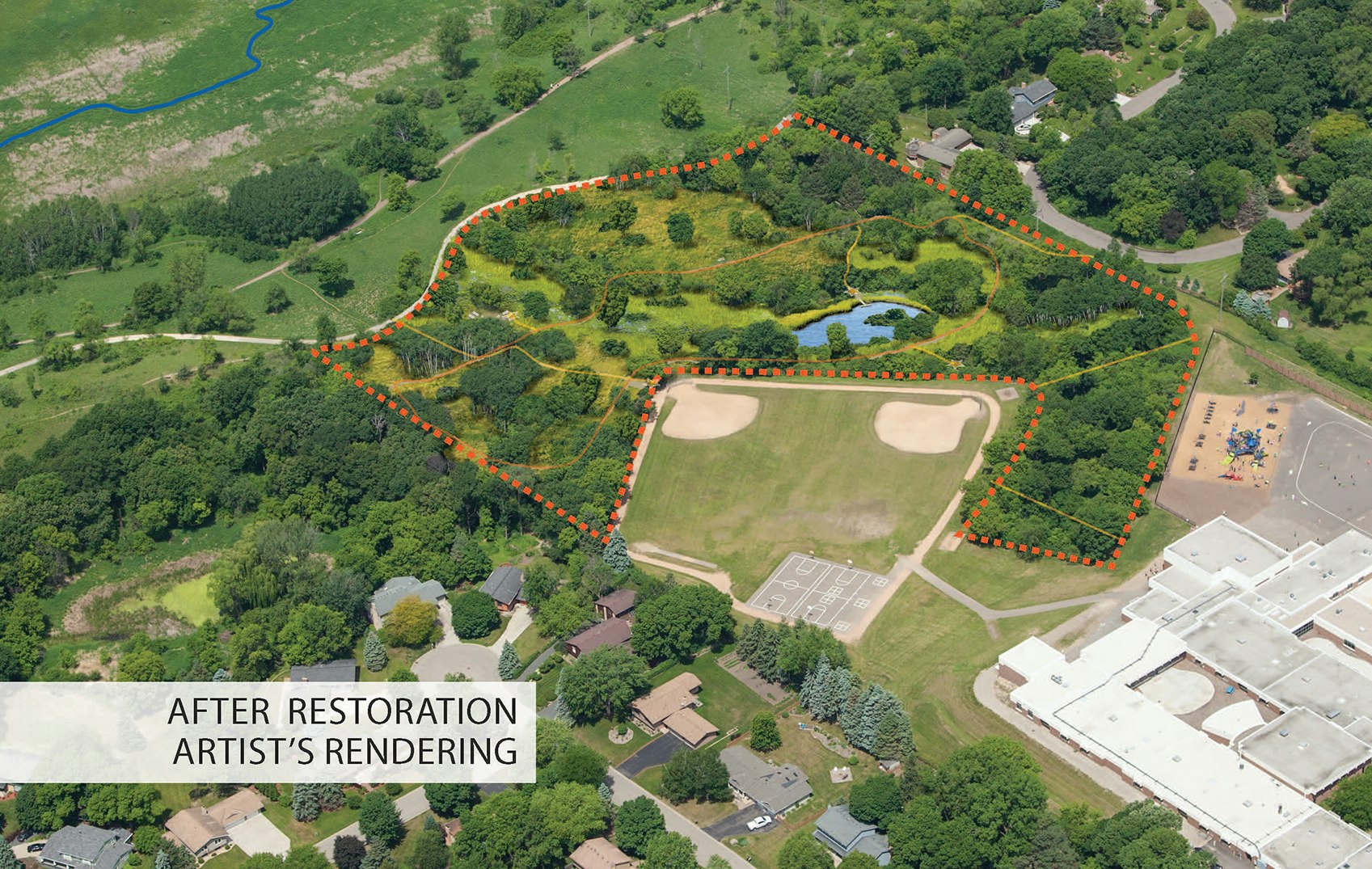 Aerial view of a park with a superimposed artist's rendering showing planned restoration areas, marked by a dotted line.