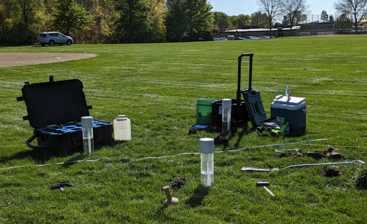 Modified Phillip-Dunne Infiltrometer used to measure soil infiltration rates and hydraulic conductivity in mowed parkland.