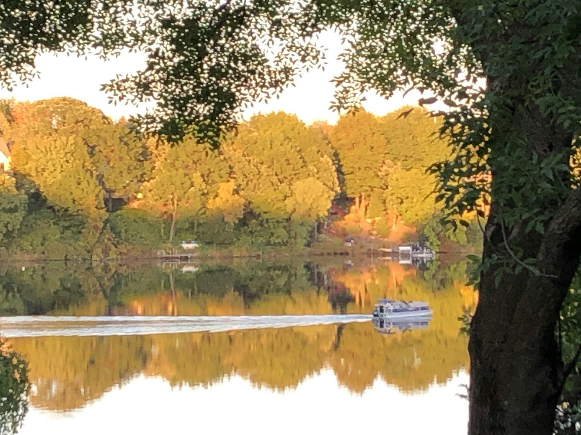 A boat on a reflective water surface with golden-hued trees in the background, framed by leaves in silhouette.