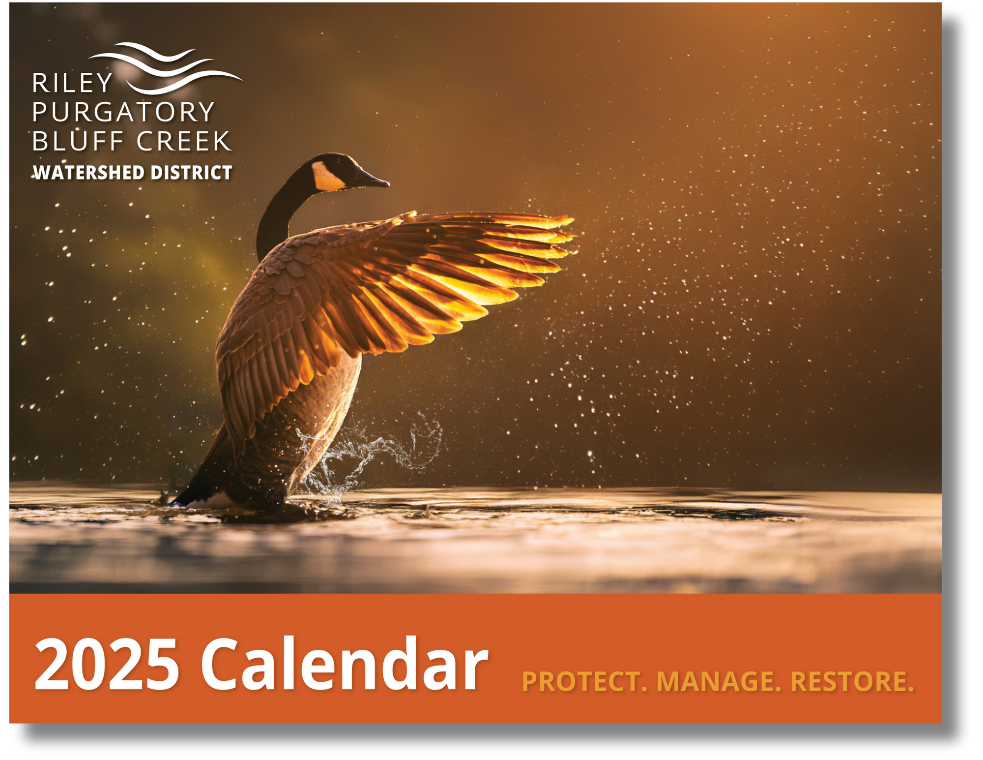 A goose flapping its wings on water, with "Riley Purgatory Bluff Creek Watershed District" and "2025 Calendar" text.