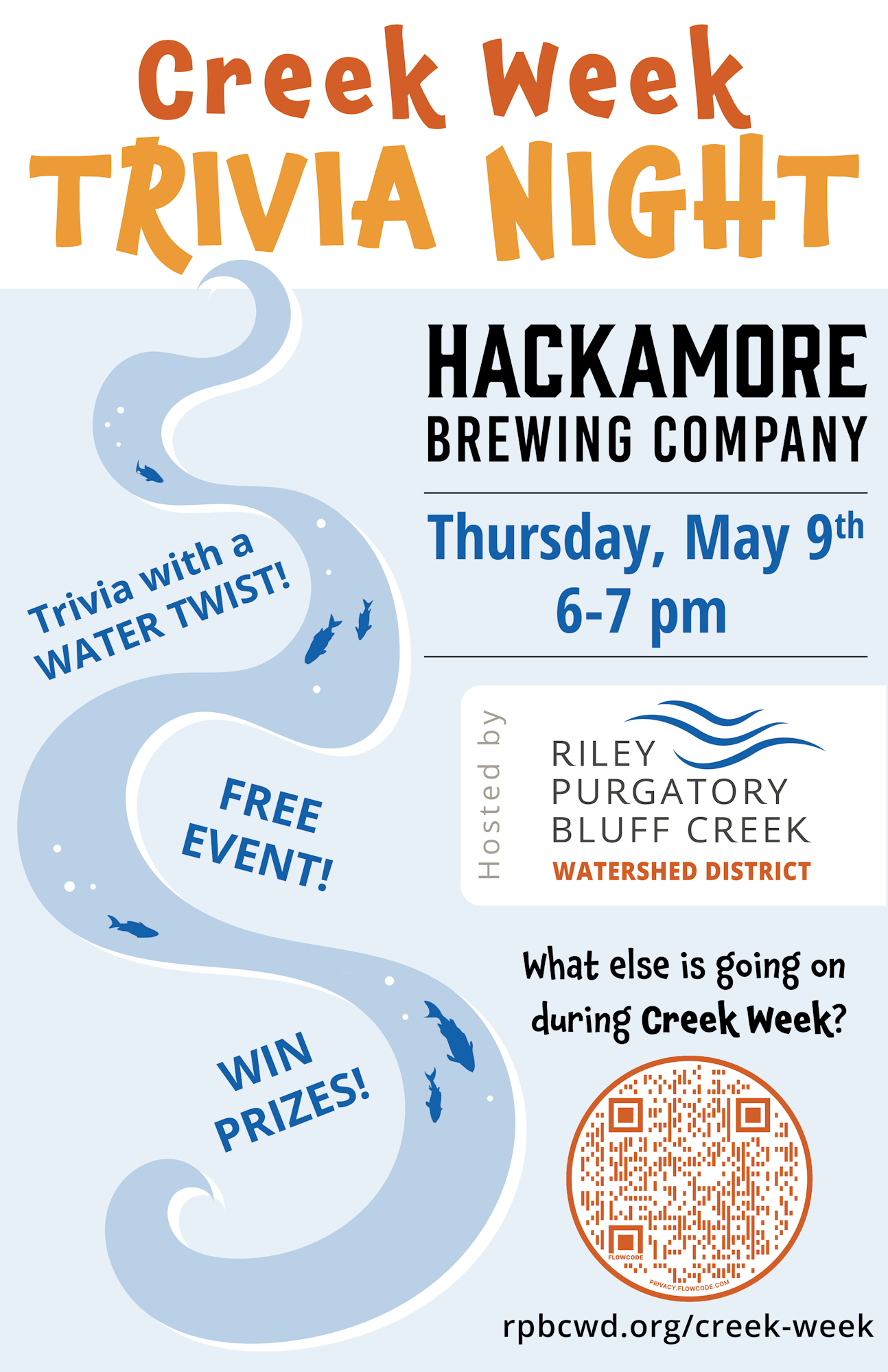 A poster for a Creek Week Trivia Night event at Hackamore Brewing Company on May 9th, offering free participation and prizes.