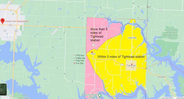 The image shows a map with areas marked in yellow (within 5 miles) and pink (more than 5 miles) of Tightwad station, plus nearby details.