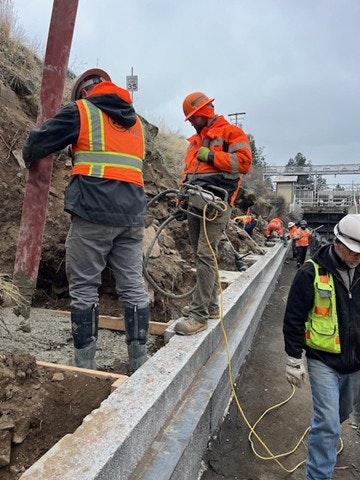 Construction workers are pouring concrete and working on a project in safety gear near a road or pathway.