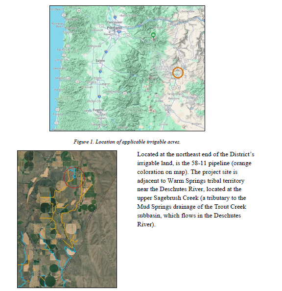 A map showing the location of irrigable land and pipeline in Oregon, near the Deschutes River and Warm Springs tribal territory.