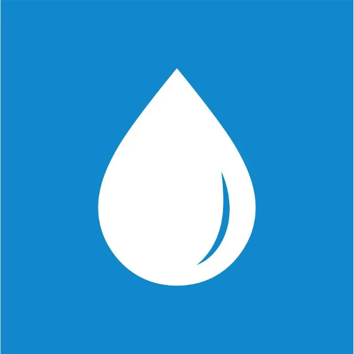 The image features a white water droplet symbol on a solid blue background, representing water or liquid.