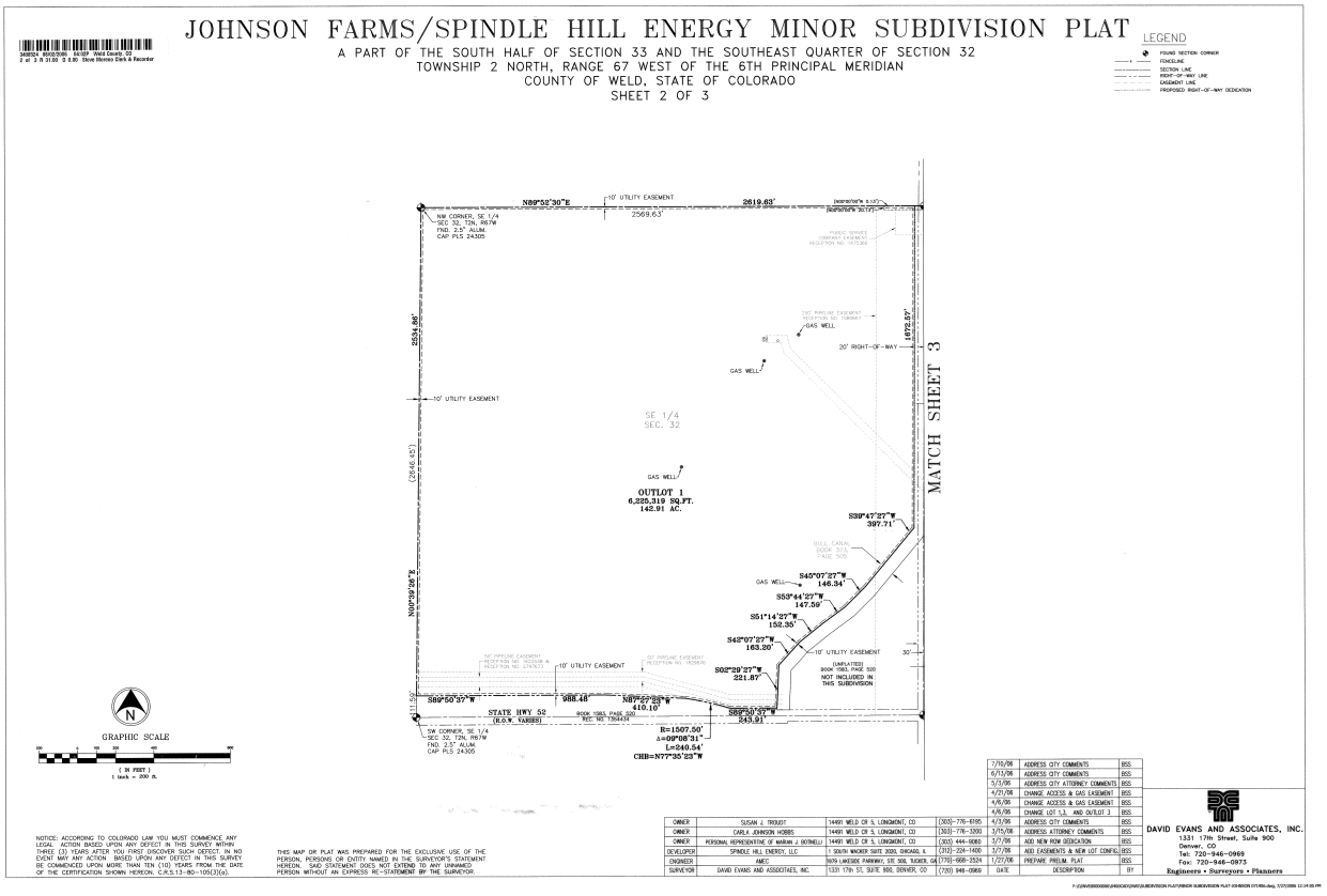Subdivision plat map titled "Johnson Farms/Spindle Hill Energy" in Weld County, Colorado, depicting boundaries, lots, and utility easements.