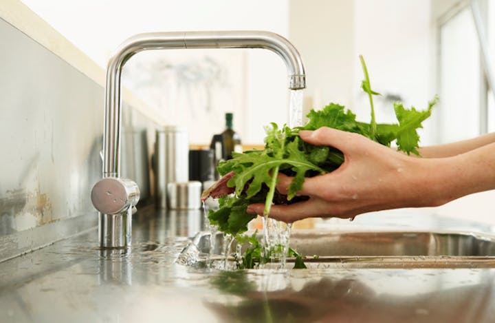 Washing lettuce under a kitchen tap.