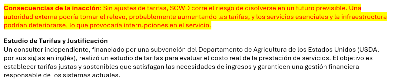 La falta de ajustes tarifarios podría disolver SCWD, aumentar tarifas y deteriorar servicios. Un estudio busca tarifas justas y sostenibles.
