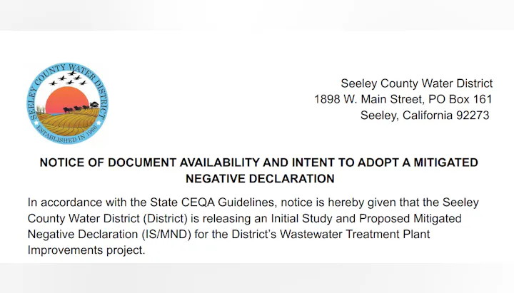 Notice from Seeley County Water District regarding the availability of a document related to a wastewater treatment plant project.