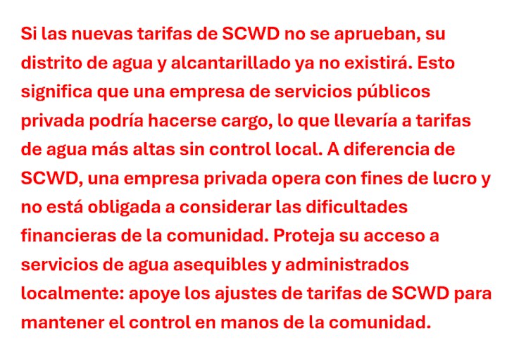 Texto en español advirtiendo sobre tarifas de agua de SCWD. Se sugiere apoyo para mantener control local y evitar tarifas privadas altas.