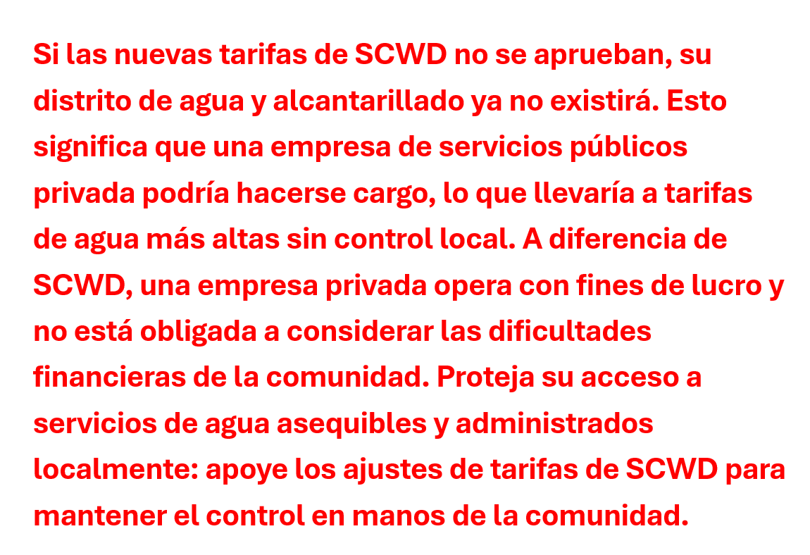 Texto en español advirtiendo sobre tarifas de agua de SCWD. Se sugiere apoyo para mantener control local y evitar tarifas privadas altas.
