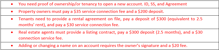 The image lists requirements and fees for property owners, tenants, real estate agents, and account changes for a service.