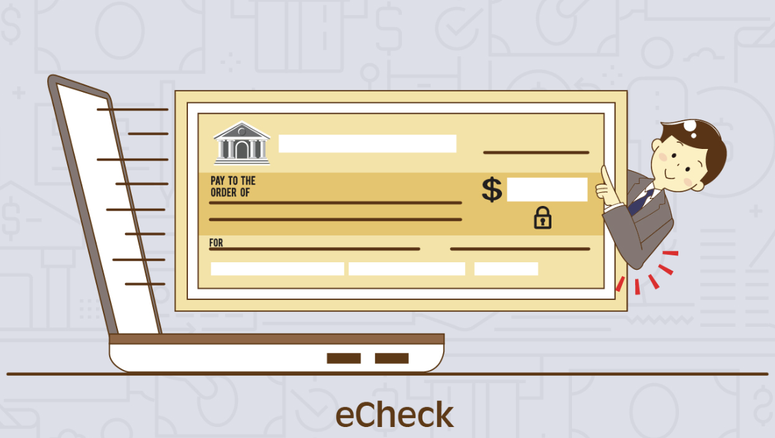 Cartoon man with a giant electronic check on a laptop screen, implying digital banking or eCheck services.