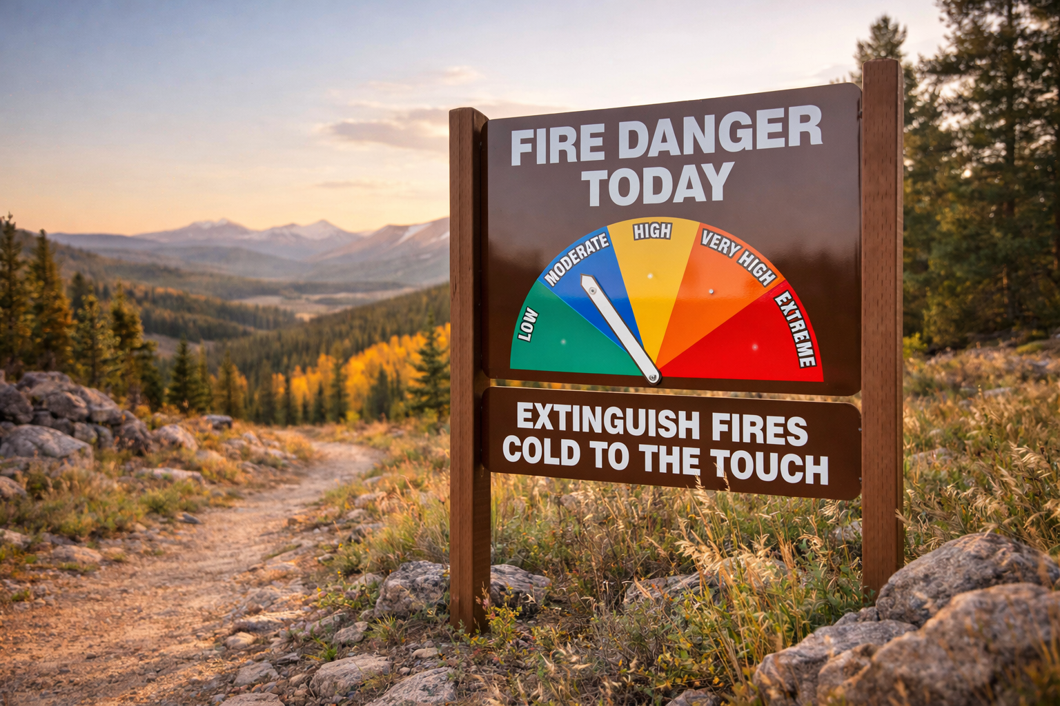 A sign indicating today's fire danger level, with a gauge showing "high" risk, and a reminder to extinguish fires cold to the touch.