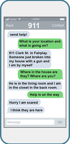A simulated text conversation with 911 reporting a home invasion, displayed on a smartphone interface.