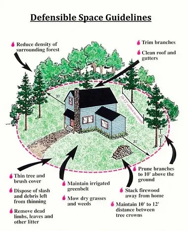 Illustration of "Defensible Space Guidelines" for wildfire prevention around a home.