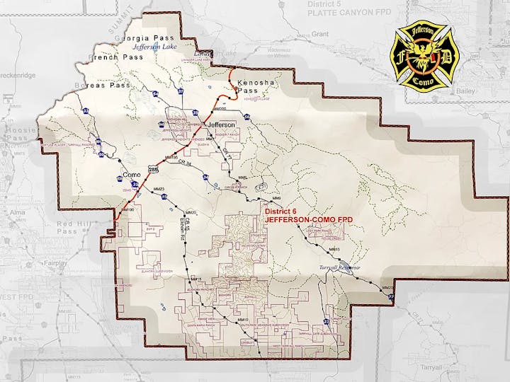 Map showing the district boundaries of a fire protection district with a fire department emblem.