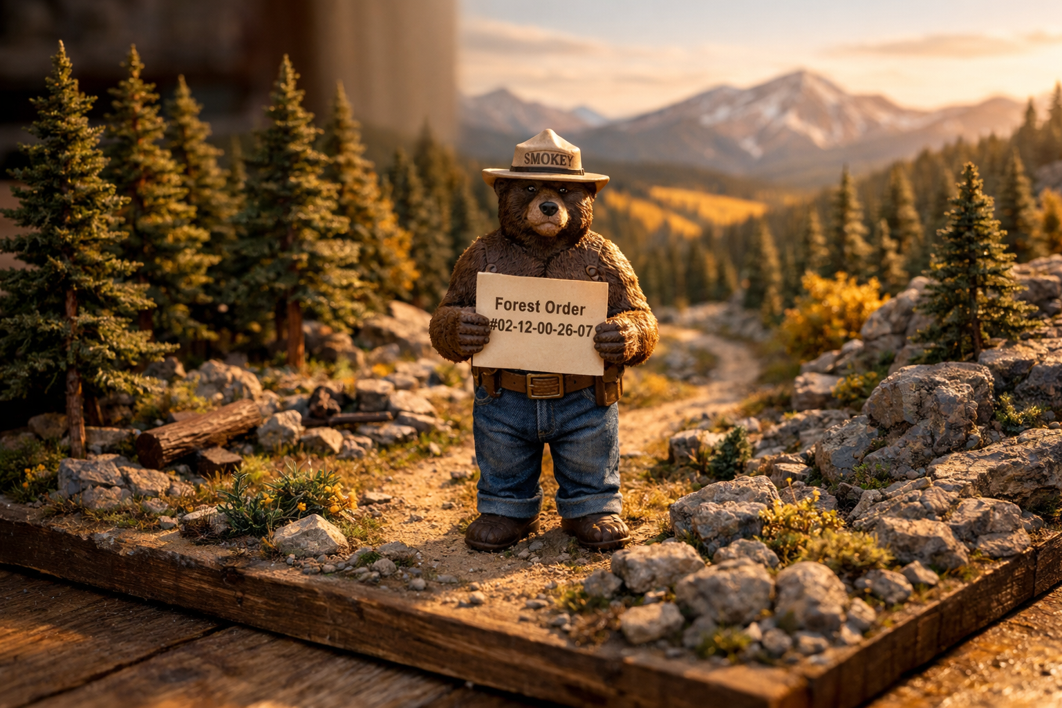 A bear figure, dressed as a ranger, holds a sign labeled "Forest Order" in a scenic forest setting with mountains.