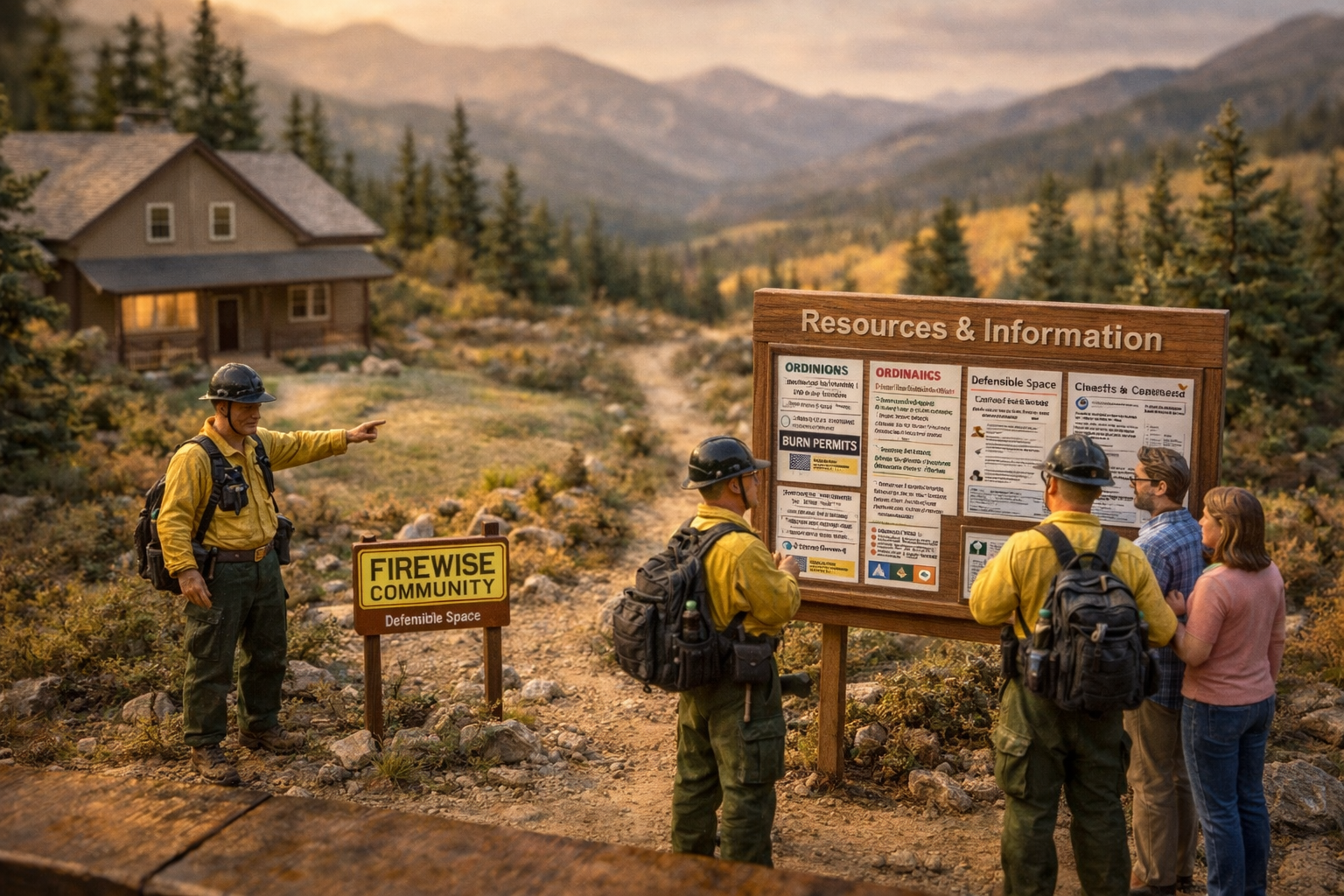 A scene with miniature figures in front of a sign providing fire safety information in a forested area.