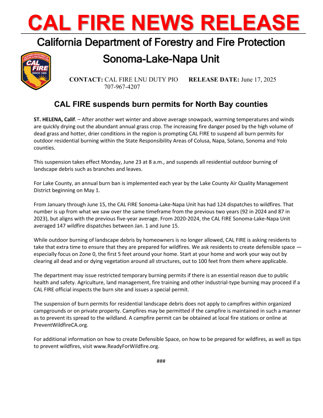 CAL FIRE suspends burn permits for North Bay counties due to fire danger from dry conditions. Details at www.ReadyForWildfire.org.