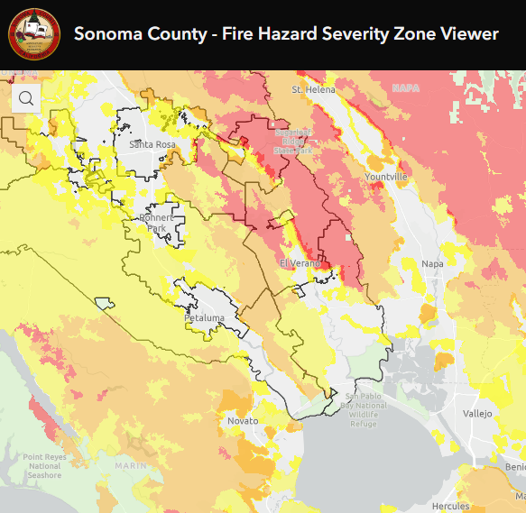 Sonoma County fire hazard map with zones in varying colors indicating severity levels.