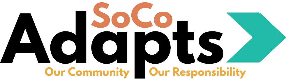 A logo with the text "SoCo" and a slogan "Our Community Our Responsibility" beside a blue arrow shape.