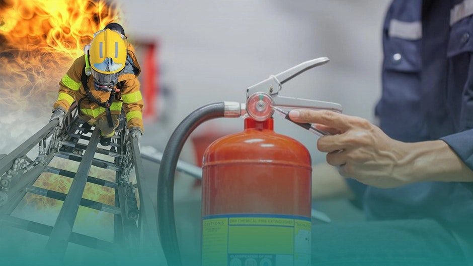 The image shows a firefighter climbing a ladder near flames and someone preparing to use a fire extinguisher.