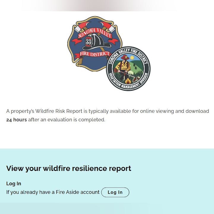 Sonoma Valley Fire logos, info on wildfire risk report availability, login prompt for viewing resilience report.