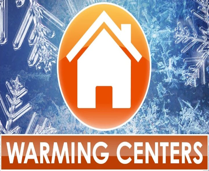 A graphic for "Warming Centers" with snowflake background and house icon.