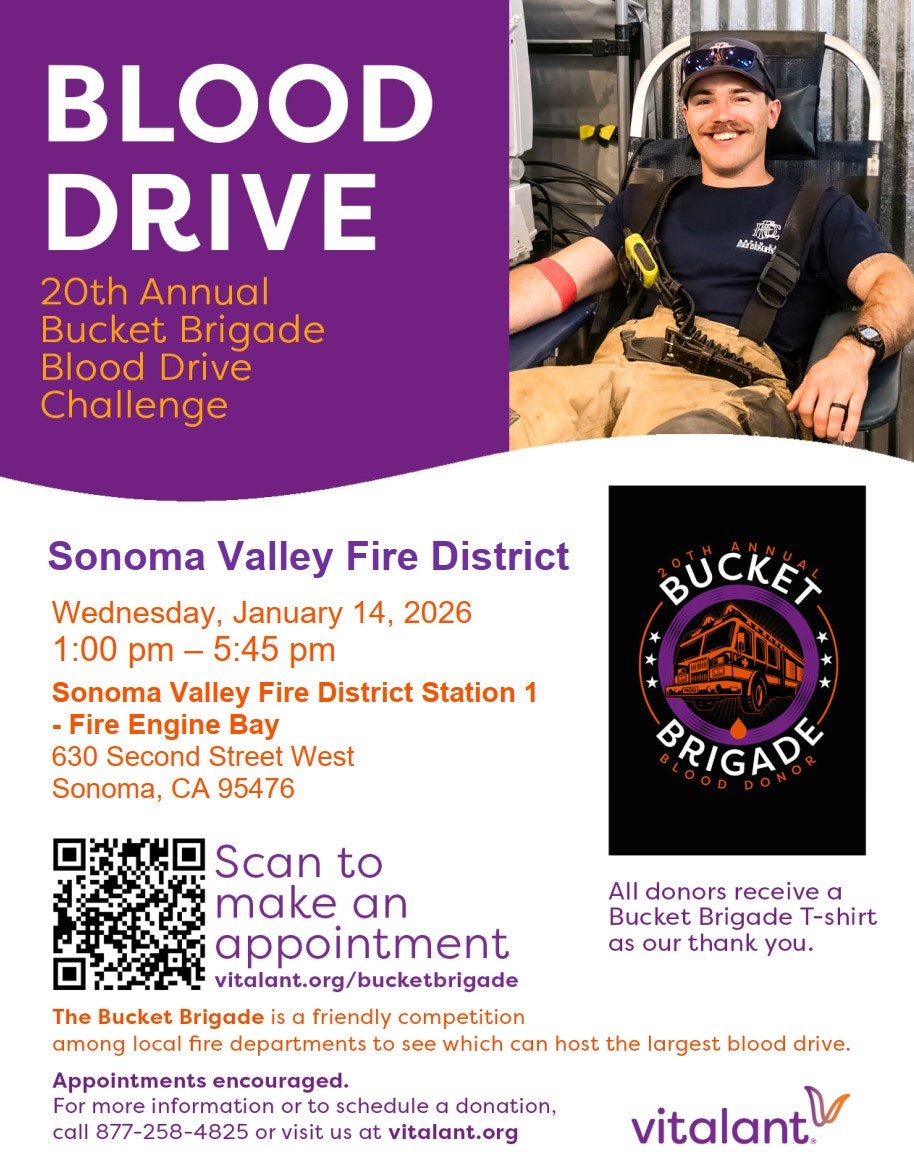 20th Annual Bucket Brigade Blood Drive on Jan 14, 2026, at Sonoma Valley Fire District. Scan to make an appointment!