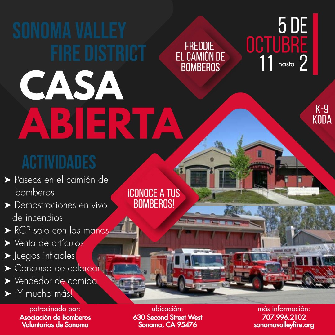 Sonoma Valley Fire District Open House event with fire truck rides, live demos, and more on October 5, 11-2, at 630 Second St W, Sonoma.