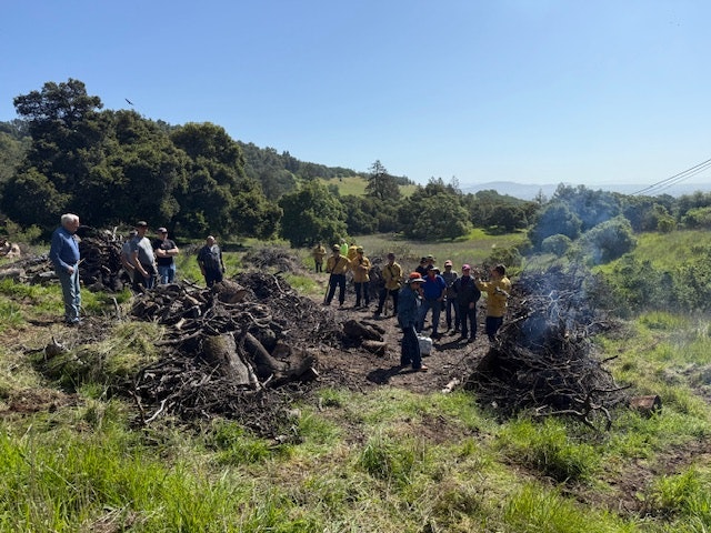 A group of people gathered outdoors near piles of wood and smoke, likely engaged in a cleanup or community event.