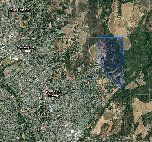 The image shows a satellite view of the Boyes Hot Springs, Fetters Hot Springs, and surrounding areas in California.