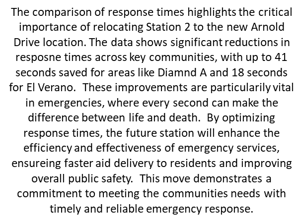 Text discussing reduced emergency response times due to Station 2's relocation to Arnold Drive, improving safety and efficiency.