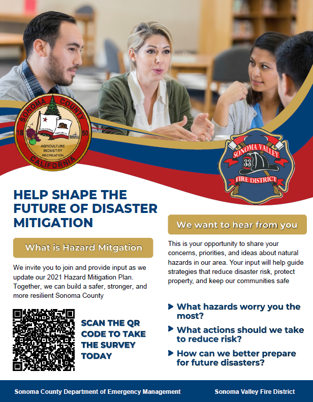 Flyer for Sonoma County's disaster mitigation plan. Invites input via survey. Includes QR code, logos, and key questions about hazards.