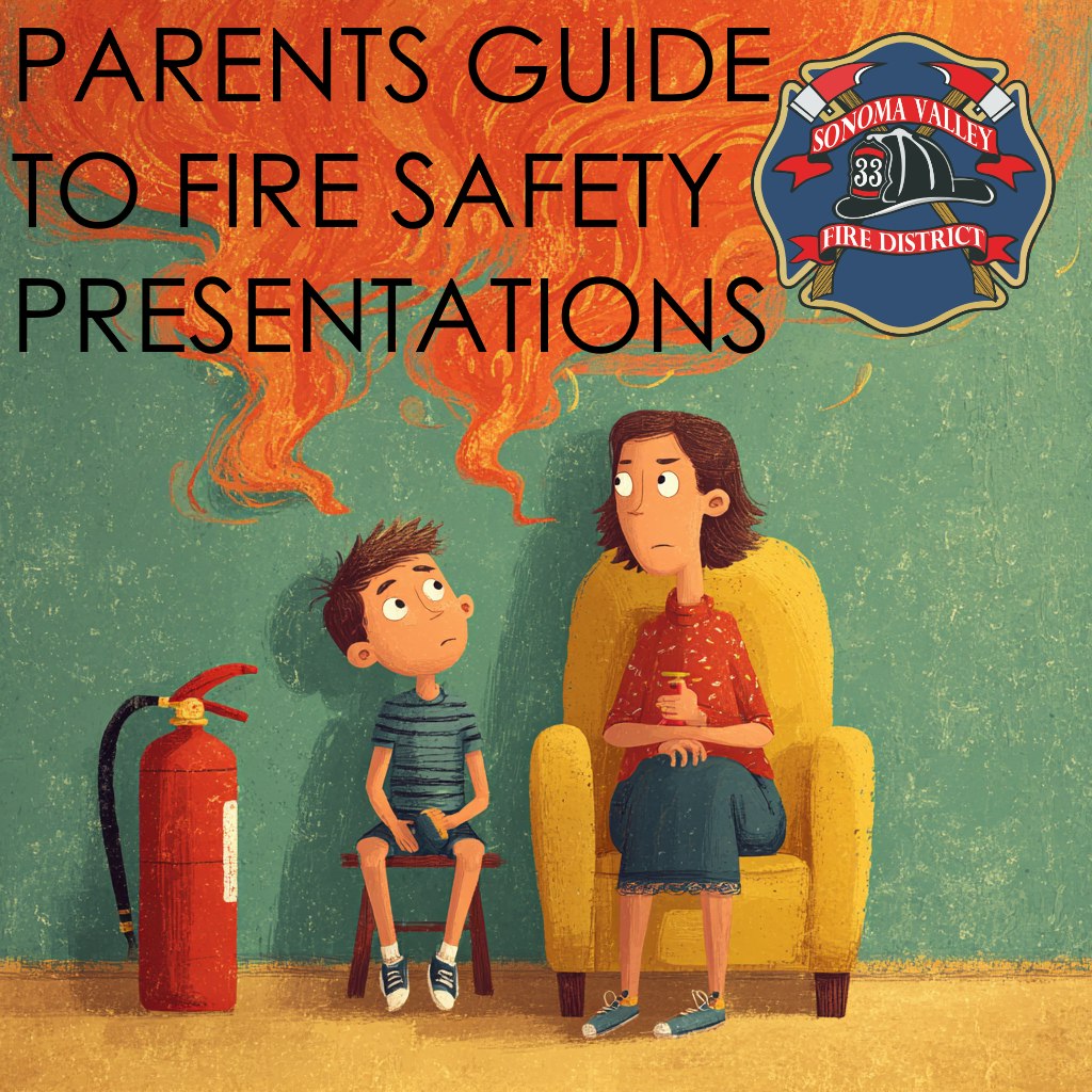 Illustrated guide for parents on fire safety presentations, featuring a child, adult, fire extinguisher, and flames.