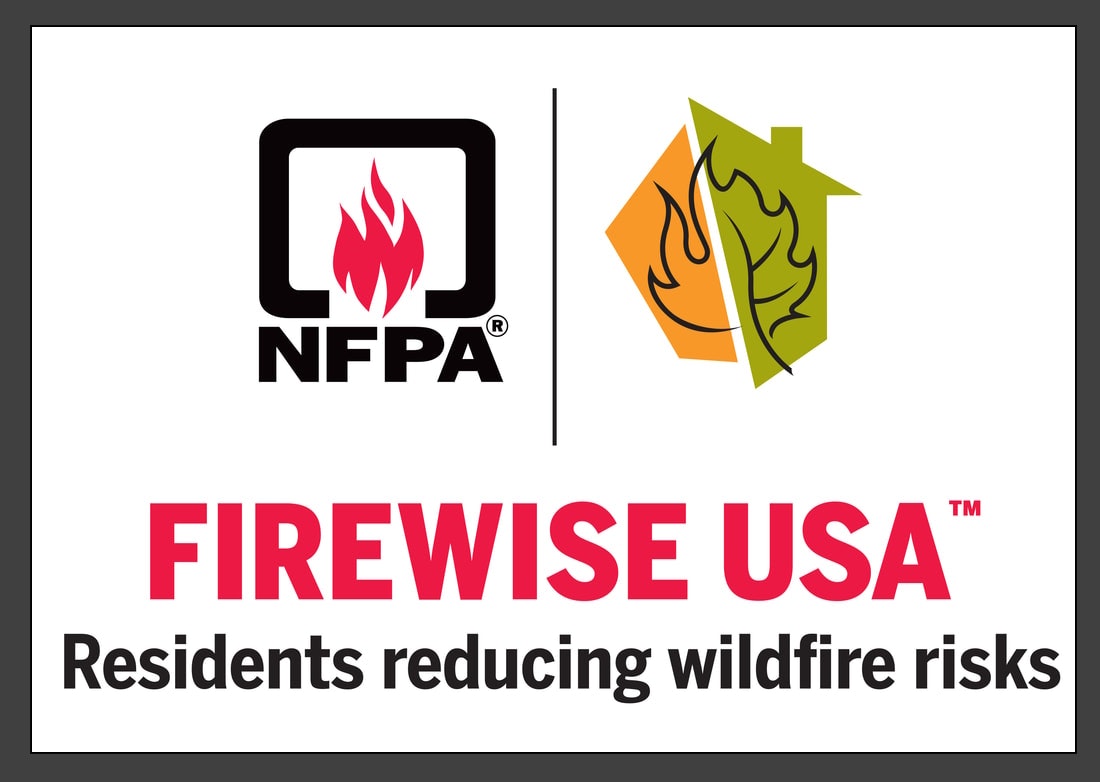 A logo for "FIREWISE USA" promoting residents' engagement in reducing wildfire risks, beside the "NFPA" emblem.